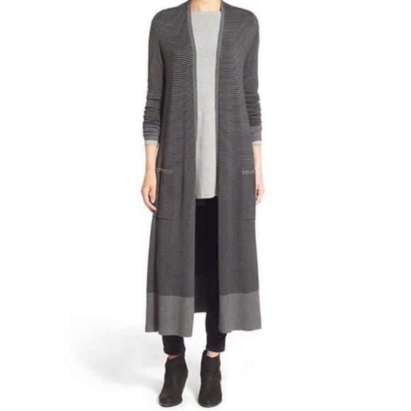 Eileen fisher duster cardigan striped black gray - Picture 1 of 5